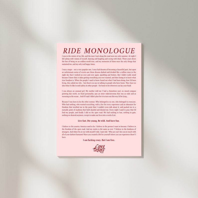 Lana Del Rey, Ride Monologue, LDR Lyrics Digital Wall Art, Music Fan
