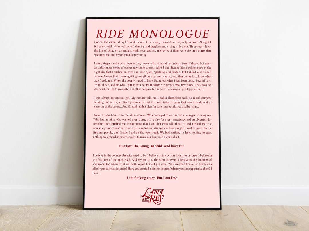 Lana Del Rey, Ride Monologue, LDR Lyrics Digital Wall Art, Music Fan