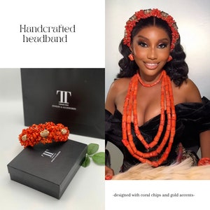 Handcrafted Coral Bead Headband for Nigerian Wedding Cultural Events Beaded Headband For Nigerian Wedding, Coral Chip  main image 3