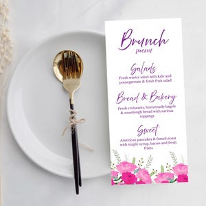 Menu brunch modifiable - Violet avec des fleurs roses (modèle numérique Canva) Printemps/Été