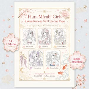 以下が含まれることがあります： HanaMiyabi Girls Kawaii Kimono Girl Coloring Pagesというタイトルのデジタル塗り絵ページ。着物を着たキャラクターのイラストが5点描かれています。A4 + US LetterおよびInstant Downloadのテキストが含まれています。5枚の塗り絵ページと5枚のパターンガイドが含まれています。