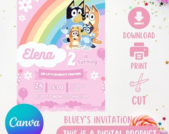 Plantilla de invitación de cumpleaños de blue para niña editable en CANVA