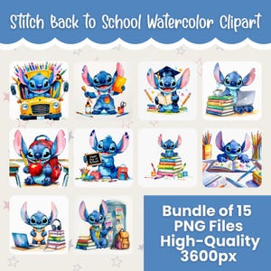 Back to School Stitch Watercolor PNG Bundle | Cute Alien School Clipart | Kindergarten to College Sublimation | School Supplies Art