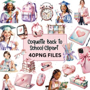 Coquette School Clipart Bundle - Coquette School Designs - Coquette Back to School PNG - Girly School Supplies - Watercolor School Clipart