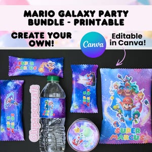 Könnte beinhalten: Eine Sammlung von Partygeschenken mit Mario Galaxy-Thema. Das Set enthält Süßigkeitenverpackungen, ein Wasserflaschenetikett und einen runden Behälter, alle mit Mario-Charakteren und Hintergründen zum Thema Galaxie. Der Text enthält "Mario Galaxy Party Bundle - Printable", "Create Your Own!" und "Editable in Canva!"