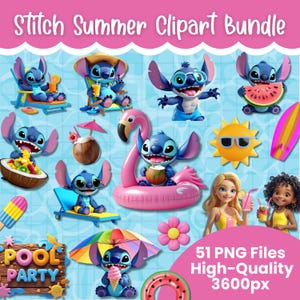 Stitch Summer Clipart Bundel | Poolparty PNG's voor sublimatie en knutselen | Schattige kawaii strandclipart | Direct downloaden | Zomerprojecten