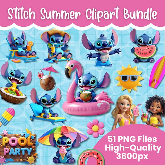 Stitch Summer Clipart Bundle | Pool Party PNGs for Sublimation & Crafts | Cute Kawaii Beach Clipart  | Instant Download | Summer Projets