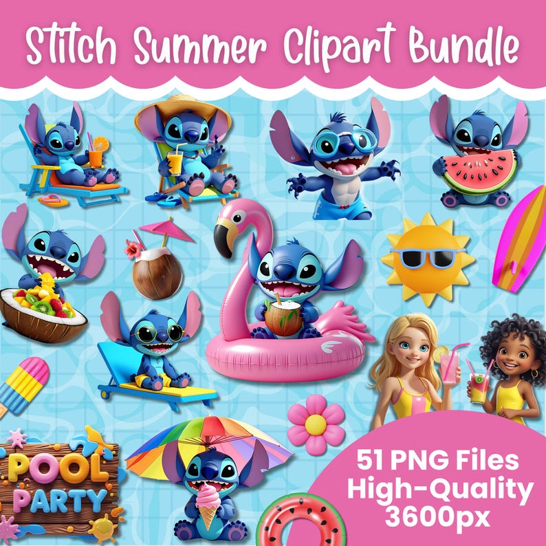 May include: A digital clipart bundle featuring Stitch from Lilo & Stitch in various summer scenes. Includes Stitch with a drink, on a float, and with a watermelon. Also includes a sun, surfboard, and two cartoon girls. Text reads "Stitch Summer Clipart Bundle".