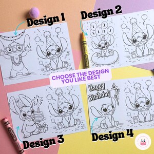 Op de afbeelding: Vier kleurplaatontwerpen met een stripfiguur, elk met een ander verjaardagsthema. De ontwerpen zijn genummerd van 1 tot en met 4. De tekst "CHOOSE THE DESIGN YOU LIKE BEST" staat in het midden. Kleurpotloden zijn zichtbaar.