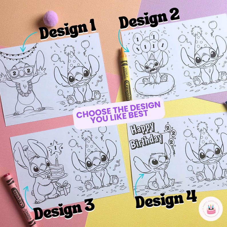 Op de afbeelding: Vier kleurplaatontwerpen met een stripfiguur, elk met een ander verjaardagsthema. De ontwerpen zijn genummerd van 1 tot en met 4. De tekst "CHOOSE THE DESIGN YOU LIKE BEST" staat in het midden. Kleurpotloden zijn zichtbaar.