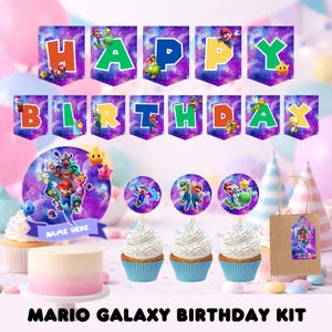 May include: A Mario Galaxy birthday kit featuring a banner that spells "HAPPY BIRTHDAY" with character illustrations. The kit includes a cake, cupcakes, and a gift bag, all decorated with a galaxy theme and Mario characters.