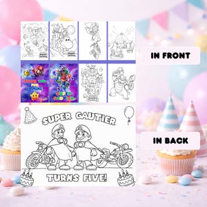Peut inclure: Ensemble de pages &agrave; colorier et de cadeaux de f&ecirc;te avec des personnages de Mario. La rang&eacute;e avant comprend des cartes avec le texte "THANK YOU FOR COMING" et "SUPER GAUTIER". La rang&eacute;e arri&egrave;re pr&eacute;sente une page &agrave; colorier avec le texte "SUPER GAUTIER TURNS FIVE!"