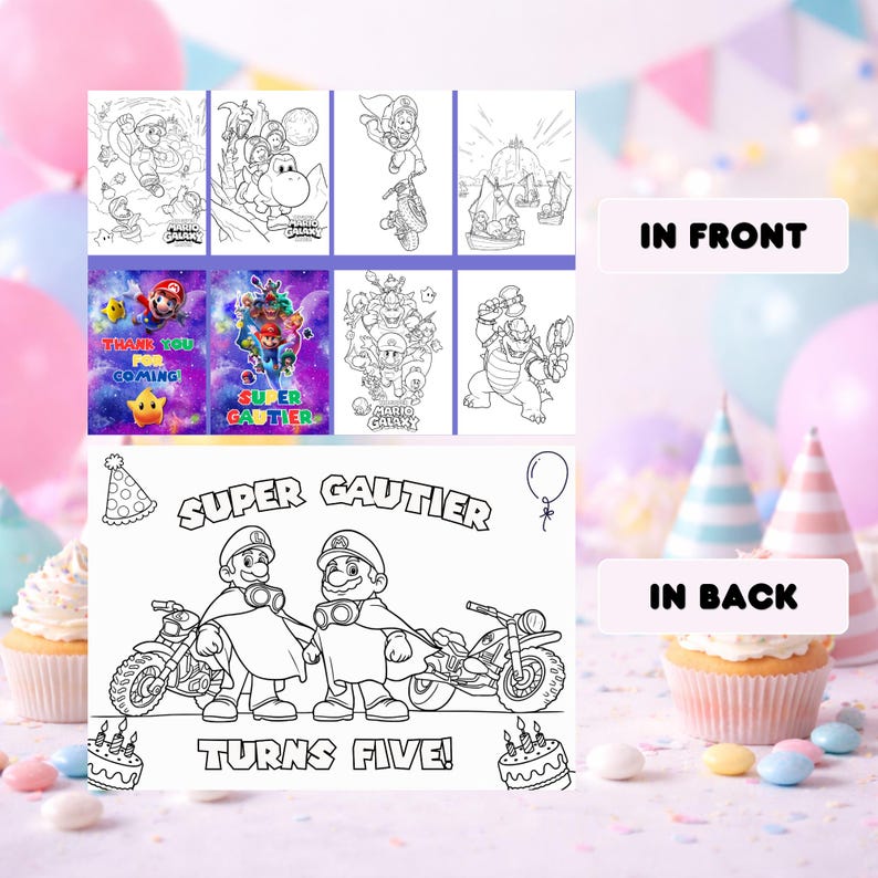 Peut inclure: Ensemble de pages &agrave; colorier et de cadeaux de f&ecirc;te avec des personnages de Mario. La rang&eacute;e avant comprend des cartes avec le texte "THANK YOU FOR COMING" et "SUPER GAUTIER". La rang&eacute;e arri&egrave;re pr&eacute;sente une page &agrave; colorier avec le texte "SUPER GAUTIER TURNS FIVE!"