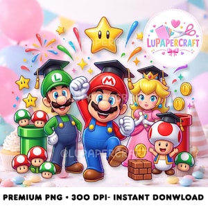 Könnte beinhalten: Eine digitale Illustration von Mario, Luigi, Prinzessin Peach und Toad mit Abschlusskappen. Das Bild enthält Sterne, Münzen und Pilze. Der Hintergrund zeigt Ballons und Konfetti. Der Text unten lautet "PREMIUM PNG • 300 DPI - INSTANT DONWLOAD."