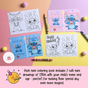 Op de afbeelding: Mini kleurboeken met Stitch-illustraties. De boeken bevatten twee tekeningen van Stitch, sommige gepersonaliseerd met namen en leeftijden. Crayola-kleurpotloden zijn inbegrepen. De boeken zijn in verschillende kleuren, waaronder roze en blauw.