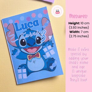 Op de afbeelding: Blauwe verjaardagskaart met het personage Stitch, de naam "Luca" en het cijfer "3". De kaart is 10 cm hoog en 7 cm breed.