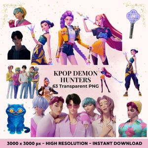Peut inclure: Illustration numérique avec des personnages K-Pop stylisés et une figurine bleue ressemblant au Chat du Cheshire. Le texte « KPOP DEMON HUNTERS 63 Transparent PNG » et « 3000 x 3000 px - HAUTE RÉSOLUTION - TÉLÉCHARGEMENT INSTANTANÉ » est inclus.