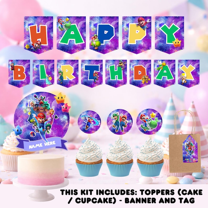 May include: A birthday party kit featuring a banner that spells "HAPPY BIRTHDAY" with colorful letters and character illustrations. The kit includes cake and cupcake toppers, a cake, cupcakes, and a gift bag. The background has a galaxy theme.