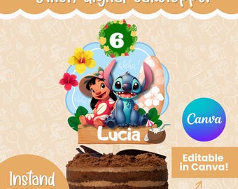 Pode incluir: Um topo de bolo digital com Lilo e Stitch, o nome "Lucia" e o número 6. O design inclui flores tropicais e o texto "Aloha!" e "Editable in Canva!" em um bolo de chocolate.