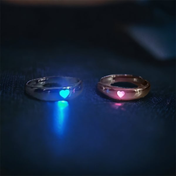 Glow In The Dark Pink & Blue Love Heart Rings | His And Hers Adjustable Ring | Promise Ring | Engagement Ring | Sign Of Love | Gift For Them