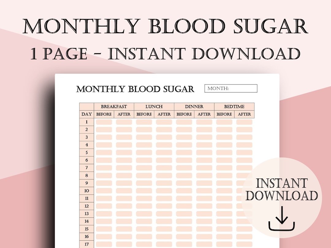 Monthly Blood Sugar Log Printable Planner Pink Glucose - Etsy