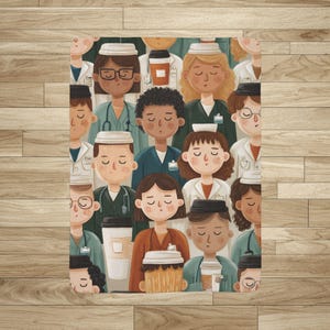 May include: A rectangular illustration featuring a crowd of diverse healthcare workers, each with closed eyes and holding coffee cups. The workers are depicted in various uniforms, including scrubs and lab coats, with stethoscopes around their necks. The color palette is soft, with muted tones.