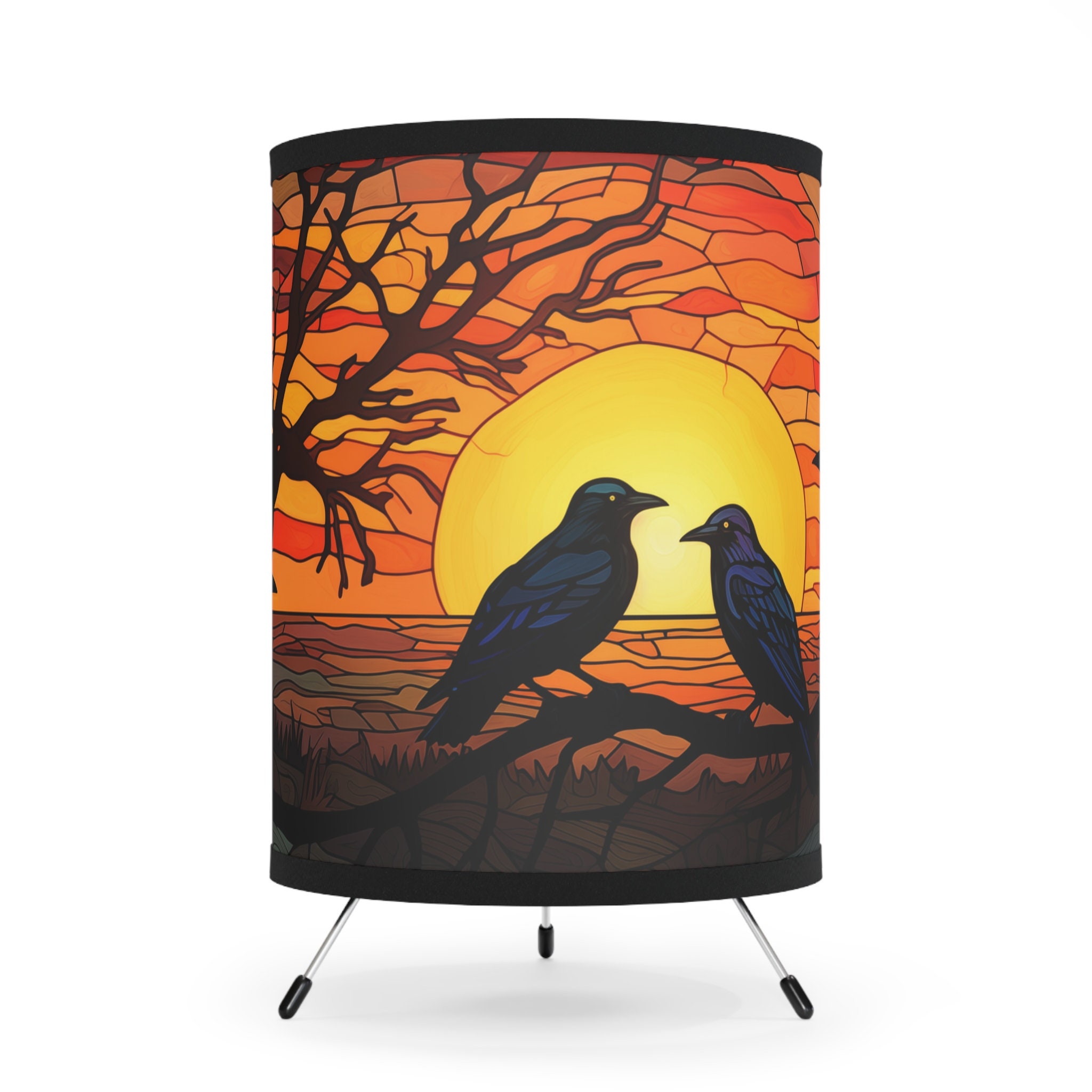 Crows Lamp, Crows Table Lamp, Raven Lamp, Bedside Lamp, Stained Glass Lamp, Drum Lamp, Round Lamp, Table Lamp, Round Crows Lamp, Sunset Lamp