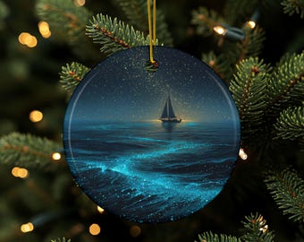 Enfeite de veleiro, mar bioluminescente, dupla face, decoração náutica, enfeite de árvore costeira, presente de feriado para marinheiro, cerâmica redonda, presente de vela