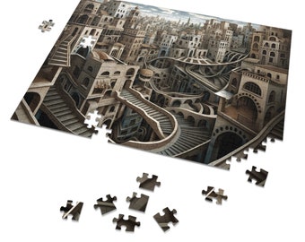 Escher Inspired Puzzle, Jigsaw Puzzle, Puzzles For Adults, Puzzles For Kids, Surreal Art, Art Lover Gift, Optical Illusion, Fun Puzzle