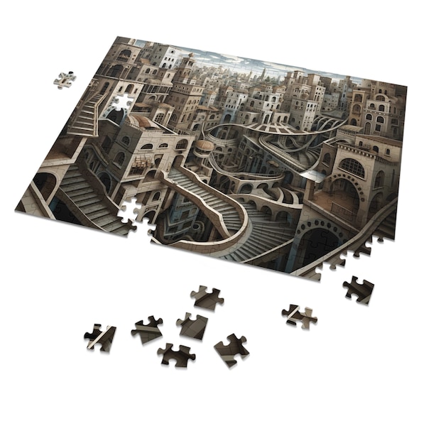 Escher Inspired Puzzle, Jigsaw Puzzle, Puzzles For Adults, Puzzles For Kids, Surreal Art, Art Lover Gift, Optical Illusion, Fun Puzzle