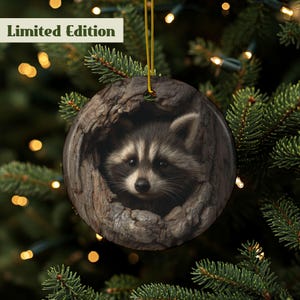 Raccoon Ornament, Baby Raccoon Ornament, Trash Panda Ornament, Woodland Raccoon, Cute Raccoon Ornament, Double Sided, High Quality Ceramic