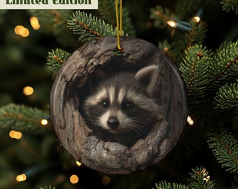 Adorno de mapache, adorno de mapache bebé, adorno de panda de la basura, mapache del bosque, adorno de mapache adorable, doble cara, cerámica de alta calidad