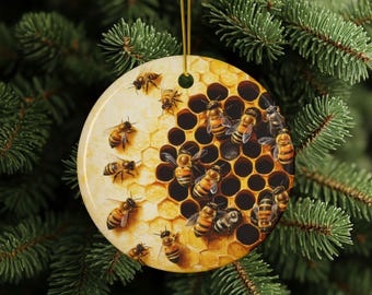 Beehive Ornament, Bee-Themed Ceramic Ornaments, Beekeeper Gift, Honey Bee Ornament, 2-Sided Print, Nature Lovers, Bee Ornament, Bee Gift