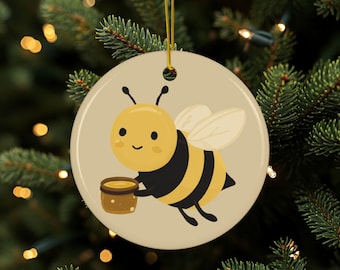 Honey Ornament, Cute Honey Bee, Bee Christmas Décor, Beekeeper Décor, Beekeeper Gift, Honey Bee Tree Décor, Double Sided Ceramic