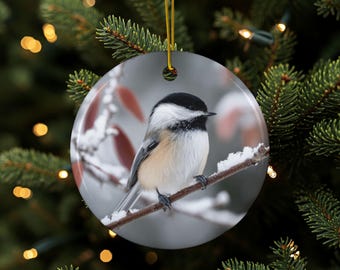 Chickadee Ornament, Nature Décor, Winter Décor, Bird Ornament, Bird Lover Gift, Christmas Ornament, Nature Ornament, Double Sided, Ceramic