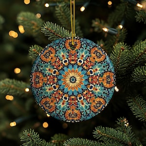 May include: Round Christmas ornament with a colorful mosaic design. The ornament features a symmetrical pattern in shades of blue, orange, and teal. It is hanging from a gold string against a backdrop of a Christmas tree.