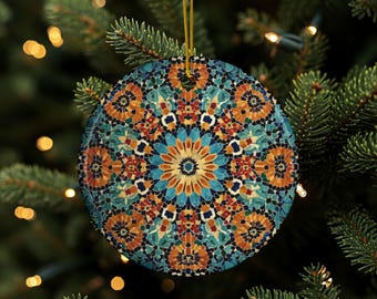 Morocco Ornament, Moroccan Tile Print, Moroccan Home Décor, Ceramic Tree Ornament, Double Sided Round Ornament, Boho Décor