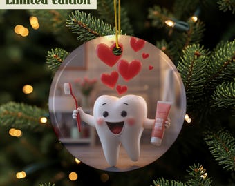 May include: A round, clear Christmas ornament featuring a cartoon tooth character holding a red toothbrush and a tube of toothpaste. Red hearts float above the tooth. The ornament has a gold string for hanging and the text "Limited Edition".