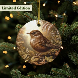 Könnte beinhalten: Runder Weihnachtsschmuck mit einer detaillierten Illustration eines braunen Vogels auf einem Ast. Der Vogel hat eine gefleckte Brust und ist vor einem Hintergrund aus Blättern abgebildet. Der Schmuck ist mit "Limited Edition" in einem grünen Banner versehen.