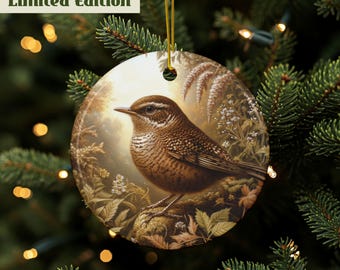 Enfeite de Wren, Wren doméstico, Enfeite de pássaro, Enfeite da natureza, Wren da Carolina, Presente para observadores de pássaros, Arte de Wren da Carolina, Enfeite de Natal, Cerâmica