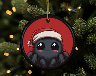 Spider Ornament, Christmas Spider, Spider Santa Ornament, Double Sided Ceramic Ornament, Christmas Gift, Round Christmas Ornament