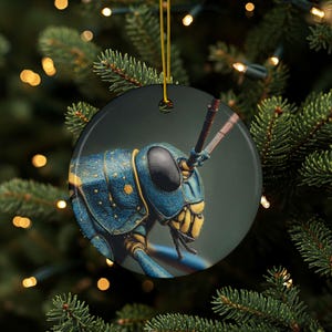 Peut inclure: Une décoration de Noël ronde avec une illustration détaillée d'un insecte bleu et jaune. L'ornement a une ficelle dorée pour l'accrocher et est placé sur un fond de sapin de Noël.