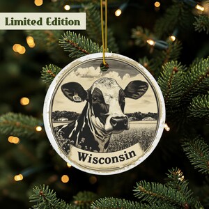 Wisconsin Ornament, Farmhouse Ornament, Wisconsin Dairy, Cow Ornament, Wisconsin State Ornament, Travel Souvenir, Double Sided, Ceramic