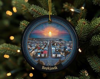IJslands ornament, Reykjavik-ornament, IJslands ornament, reisaandenken, keramisch souvenir, dubbelzijdig, Noords cadeau, IJslands souvenir