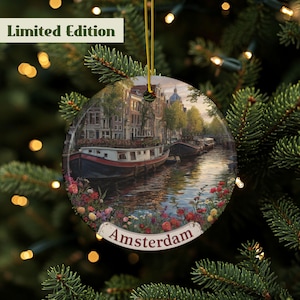 Amsterdam Ornament, Netherlands Souvenir Ornament, Canal Houseboat, Travel Ornament, Dutch Travel Keepsake, Wanderlust, 2 Sided, Ceramic