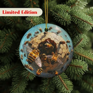 Beehive Ornament, Bee-Themed Ceramic Ornaments, Beekeeper Gift, Honey Bee Ornament, 2-Sided Print, Nature Lovers, Bee Ornament, Bee Art