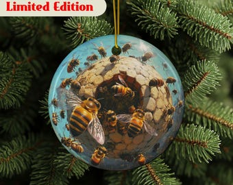 Beehive Ornament, Bee-Themed Ceramic Ornaments, Beekeeper Gift, Honey Bee Ornament, 2-Sided Print, Nature Lovers, Bee Ornament, Bee Art