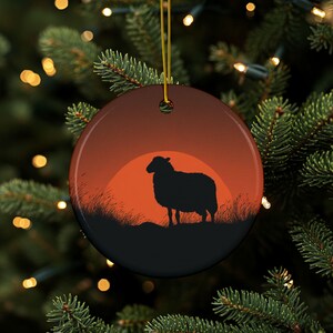 Sheep Ornament, Sunrise Sheep, Double Sided Ornament, Sheep Décor, Round Ceramic Décor, Farmhouse Animal Décor, Holiday Gift, Rustic Décor