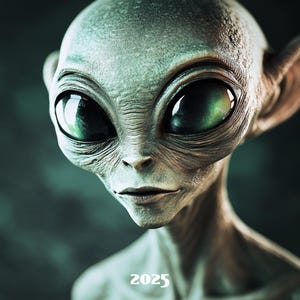 May include: A close-up of a gray alien with large, black eyes and a small, pointed nose. The alien has a wrinkled face and a thin, pale body. The alien's eyes are looking directly at the viewer. The year 2025 is written in white text at the bottom of the image.