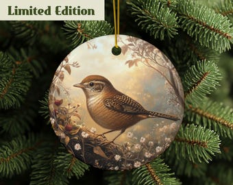 Enfeite de Wren, Wren doméstico, Enfeite de vida selvagem, Wren da Carolina, Presente para amantes de pássaros, Presente para observadores de pássaros, Arte de Wren da Carolina, Enfeite de Natal, Cerâmica